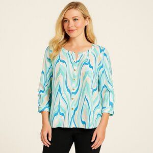 JM Collection Linen Blend Wave Print Button Front Blouse Top Size L